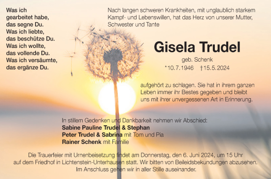 Anzeige von Gisela Trudel von Reutlinger General-Anzeiger