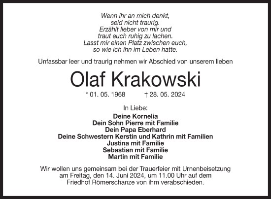 Anzeige von Olaf Krakowski von REUTLINGER GENERAL-ANZEIGER