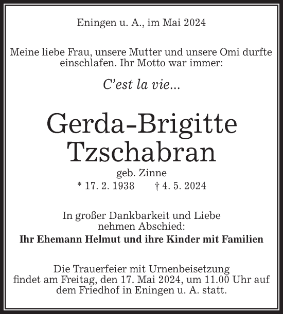Anzeige von Gerda-Brigitte Tzschabran von REUTLINGER GENERAL-ANZEIGER