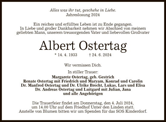 Anzeige von Albert Ostertag von Reutlinger General-Anzeiger