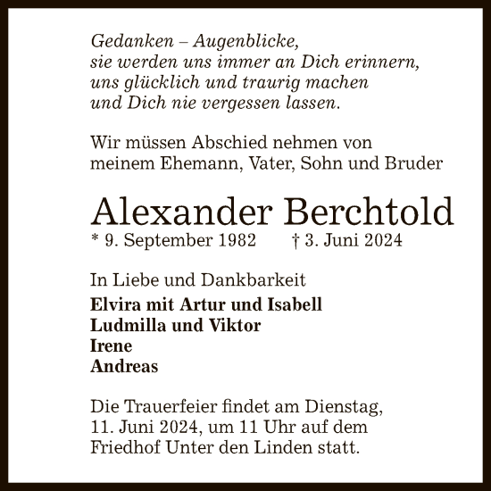 Anzeige von Alexander Berchtold von Reutlinger General-Anzeiger