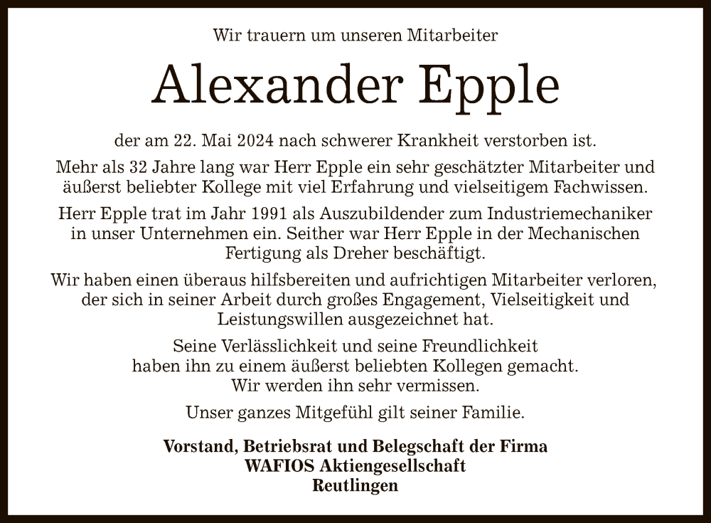  Traueranzeige für Alexander Epple vom 08.06.2024 aus Reutlinger General-Anzeiger