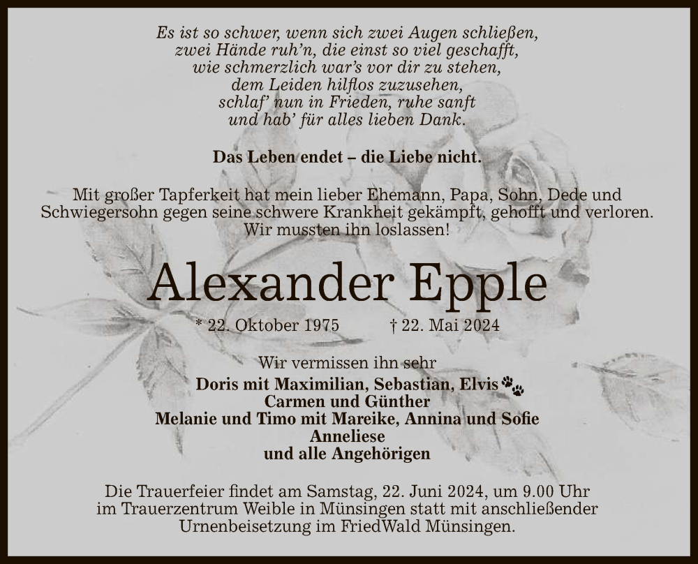  Traueranzeige für Alexander Epple vom 08.06.2024 aus Reutlinger General-Anzeiger