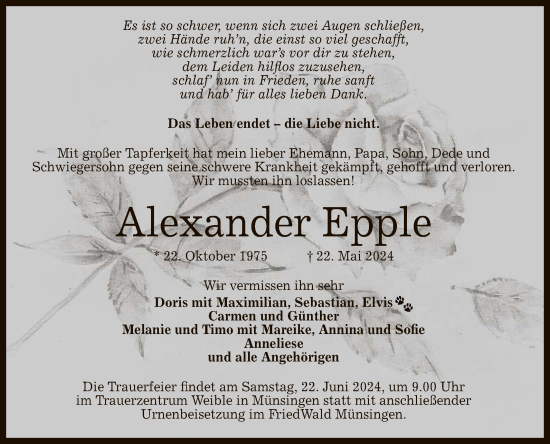 Anzeige von Alexander Epple von Reutlinger General-Anzeiger