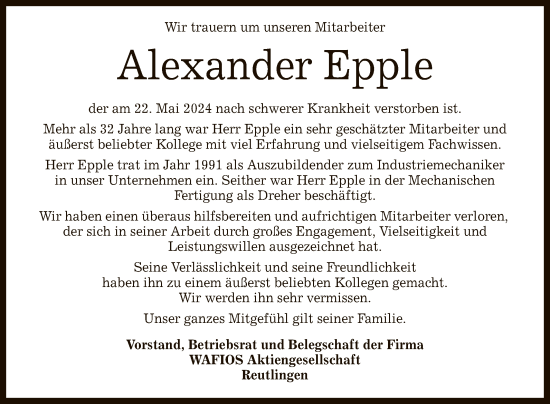 Anzeige von Alexander Epple von Reutlinger General-Anzeiger