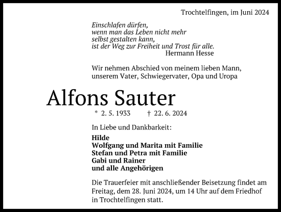 Anzeige von Alfons Sauter von Reutlinger General-Anzeiger