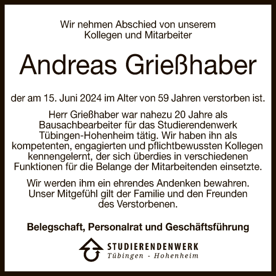 Anzeige von Andreas Grießhaber von Reutlinger General-Anzeiger