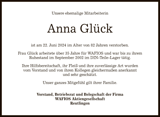 Anzeige von Anna Glück von Reutlinger General-Anzeiger