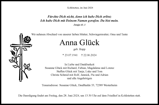 Anzeige von Anna Glück von Reutlinger General-Anzeiger