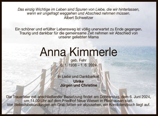 Anzeige von Anna Kimmerle von Reutlinger General-Anzeiger
