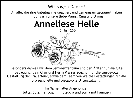 Anzeige von Anneliese Helle von Reutlinger General-Anzeiger
