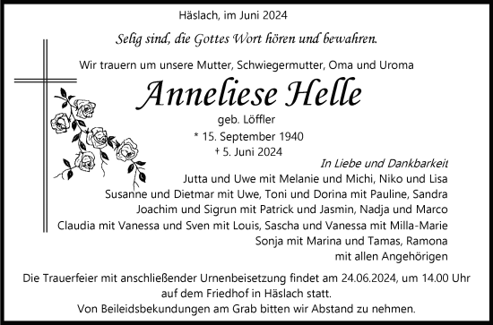 Anzeige von Anneliese Helle von Reutlinger General-Anzeiger