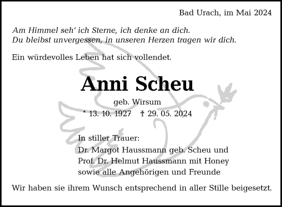 Anzeige von Anni Scheu von Reutlinger General-Anzeiger
