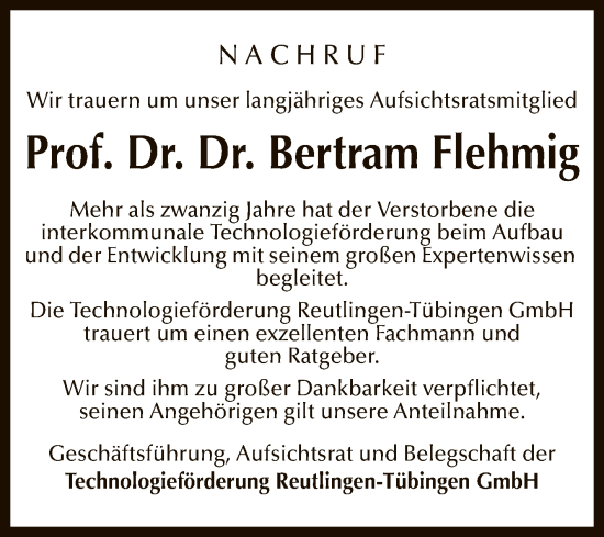 Anzeige von Bertram Flehmig von Reutlinger General-Anzeiger