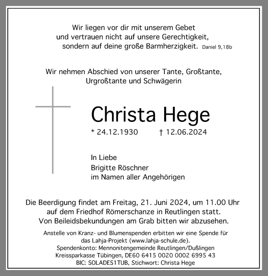 Anzeige von Christa Hege von Reutlinger General-Anzeiger