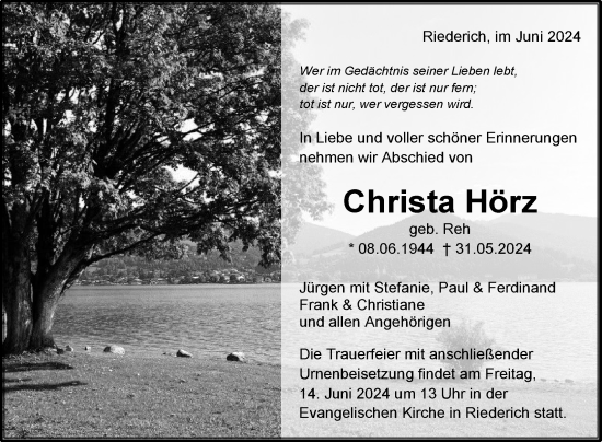 Anzeige von Christa Hörz von Reutlinger General-Anzeiger