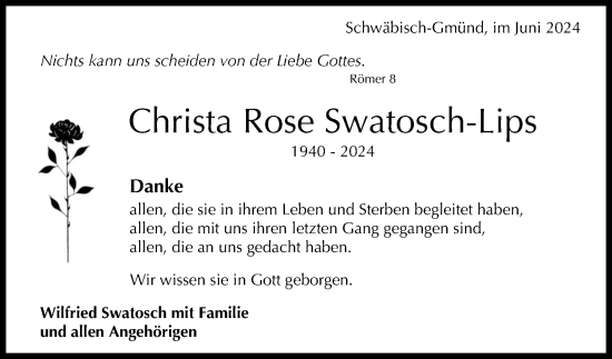 Anzeige von Christa Rose Swatosch-Lips von Reutlinger General-Anzeiger