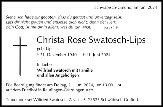 Anzeige von Christa Rose Swatosch-Lips von Reutlinger General-Anzeiger
