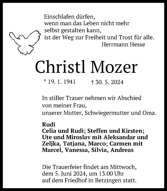 Anzeige von Christl Mozer von Reutlinger General-Anzeiger