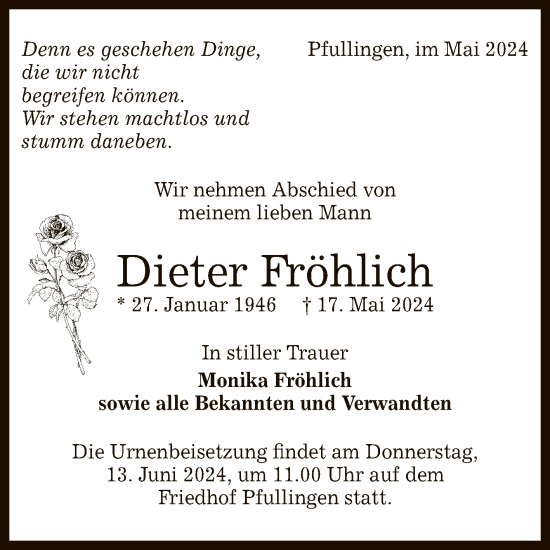 Anzeige von Dieter Fröhlich von Reutlinger General-Anzeiger