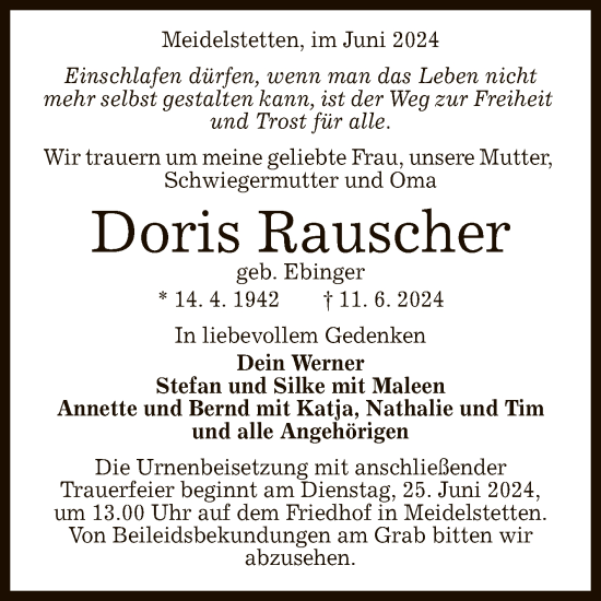 Anzeige von Doris Rauscher von Reutlinger General-Anzeiger