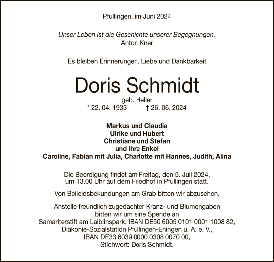 Anzeige von Doris Schmidt von Reutlinger General-Anzeiger