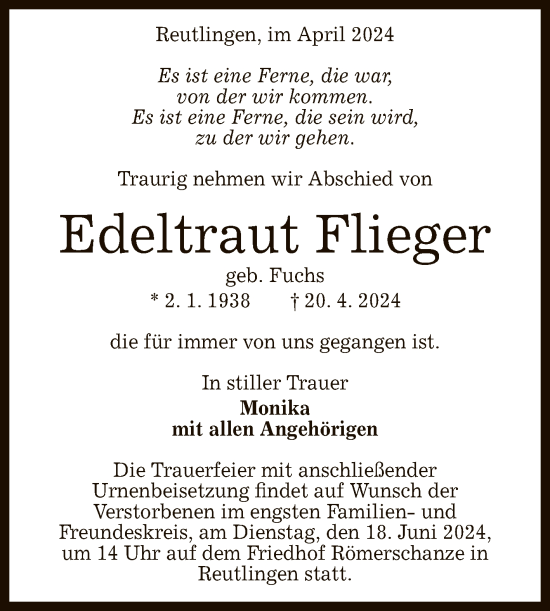 Anzeige von Edeltraut Flieger von Reutlinger General-Anzeiger