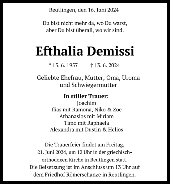 Anzeige von Efthalia Demissi von Reutlinger General-Anzeiger