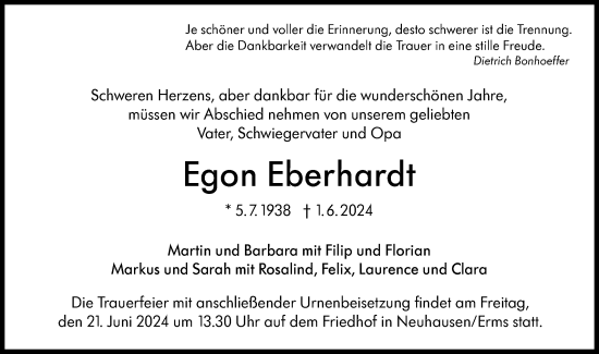 Anzeige von Egon Eberhardt von Reutlinger General-Anzeiger