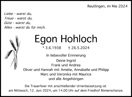 Anzeige von Egon Hohloch von Reutlinger General-Anzeiger