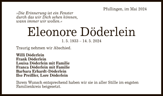 Anzeige von Eleonore Döderlein von Reutlinger General-Anzeiger