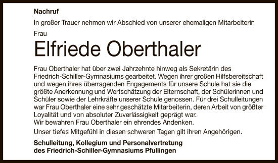 Anzeige von Elfriede Oberthaler von Reutlinger General-Anzeiger