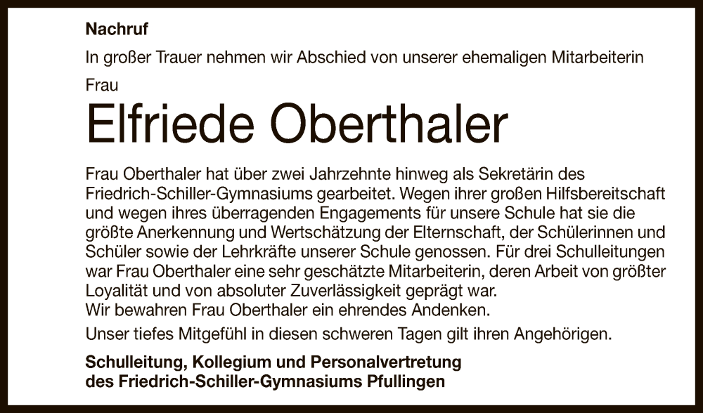  Traueranzeige für Elfriede Oberthaler vom 07.06.2024 aus Reutlinger General-Anzeiger