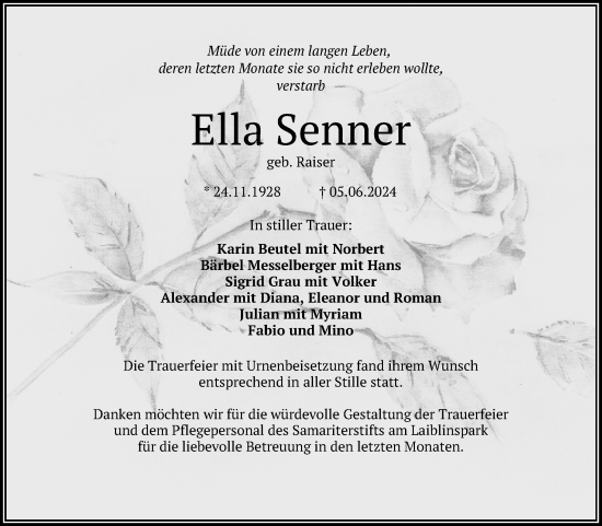 Anzeige von Ella Senner von Reutlinger General-Anzeiger