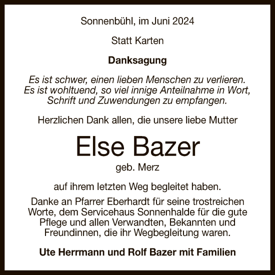 Anzeige von Else Bazer von Reutlinger General-Anzeiger