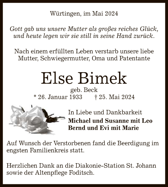 Anzeige von Else Bimek von Reutlinger General-Anzeiger