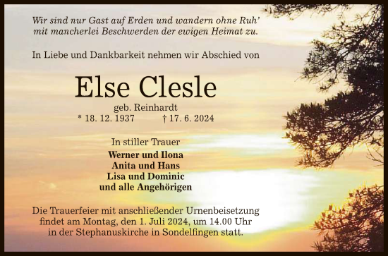 Anzeige von Else Clesle von Reutlinger General-Anzeiger