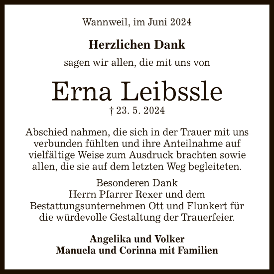 Anzeige von Erna Leibssle von Reutlinger General-Anzeiger