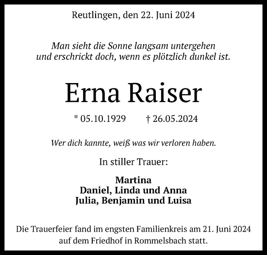 Anzeige von Erna Raiser von Reutlinger General-Anzeiger