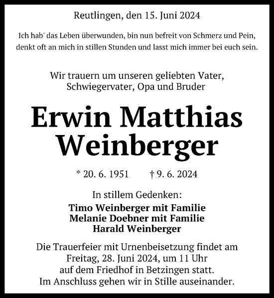 Anzeige von Erwin Matthias Weinberger von Reutlinger General-Anzeiger