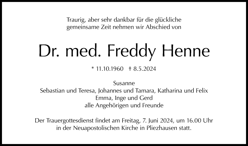  Traueranzeige für Freddy Henne vom 05.06.2024 aus Reutlinger General-Anzeiger