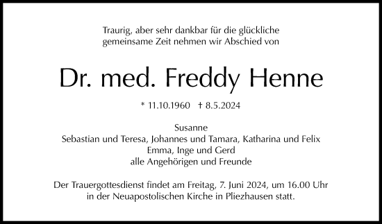 Anzeige von Freddy Henne von Reutlinger General-Anzeiger