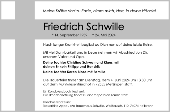 Anzeige von Friedrich Schwille von Reutlinger General-Anzeiger