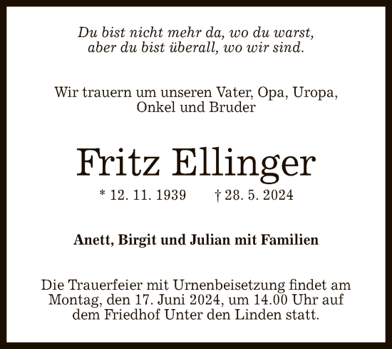 Anzeige von Fritz Ellinger von Reutlinger General-Anzeiger