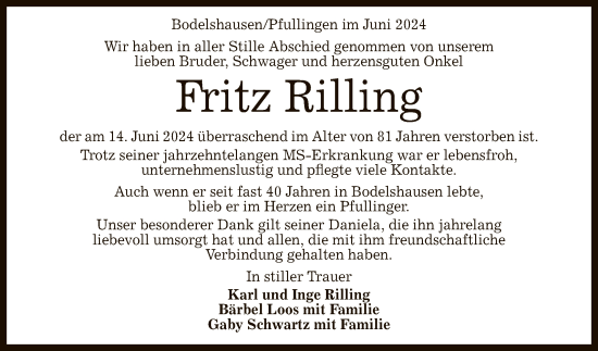 Anzeige von Fritz Rilling von Reutlinger General-Anzeiger