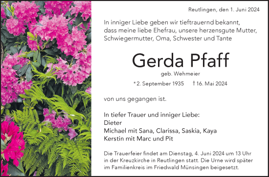 Anzeige von Gerda Pfaff von Reutlinger General-Anzeiger