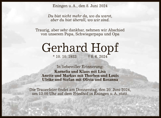 Anzeige von Gerhard Hopf von Reutlinger General-Anzeiger