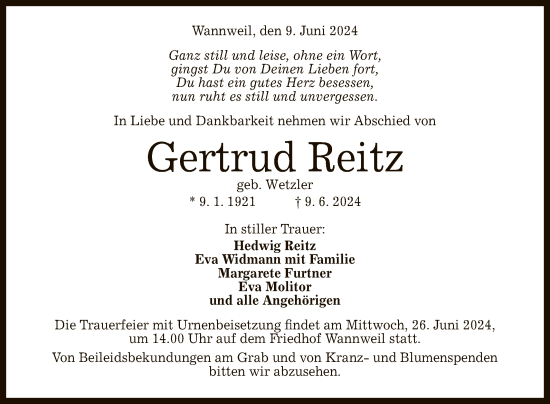 Anzeige von Gertrud Reitz von Reutlinger General-Anzeiger