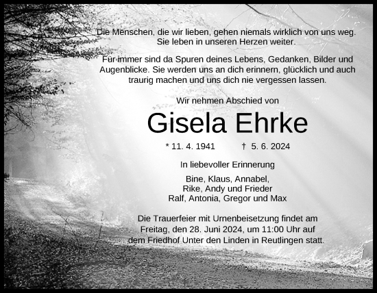 Anzeige von Gisela Ehrke von Reutlinger General-Anzeiger
