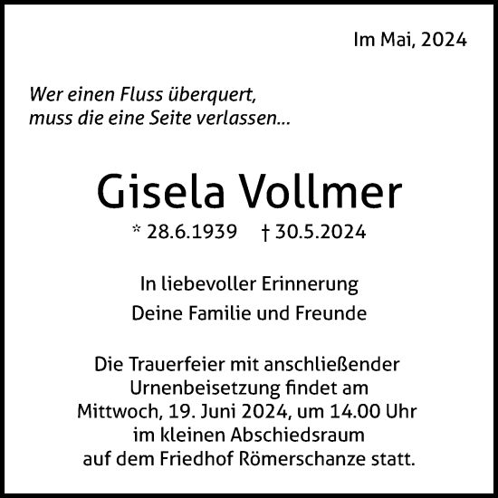 Anzeige von Gisela Vollmer von Reutlinger General-Anzeiger